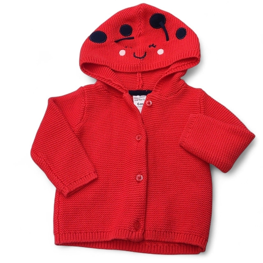 Carter's Red Baby Cardigan with Ladybug Hood (6m) and Matching Hat (3-9m)